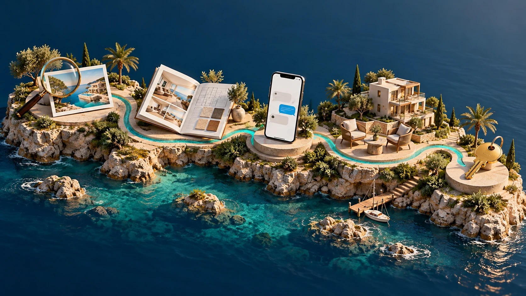 Conceptual coastal route connecting discovery, property information, a conversation, a viewing and a purchase decision